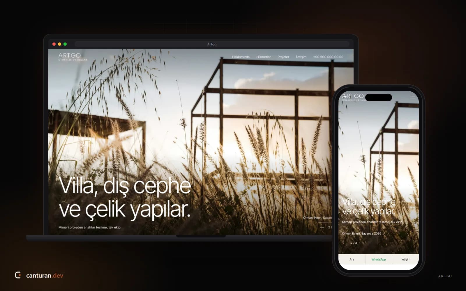 Artgo mimarlık sitesinin masaüstü ve mobil görünümü