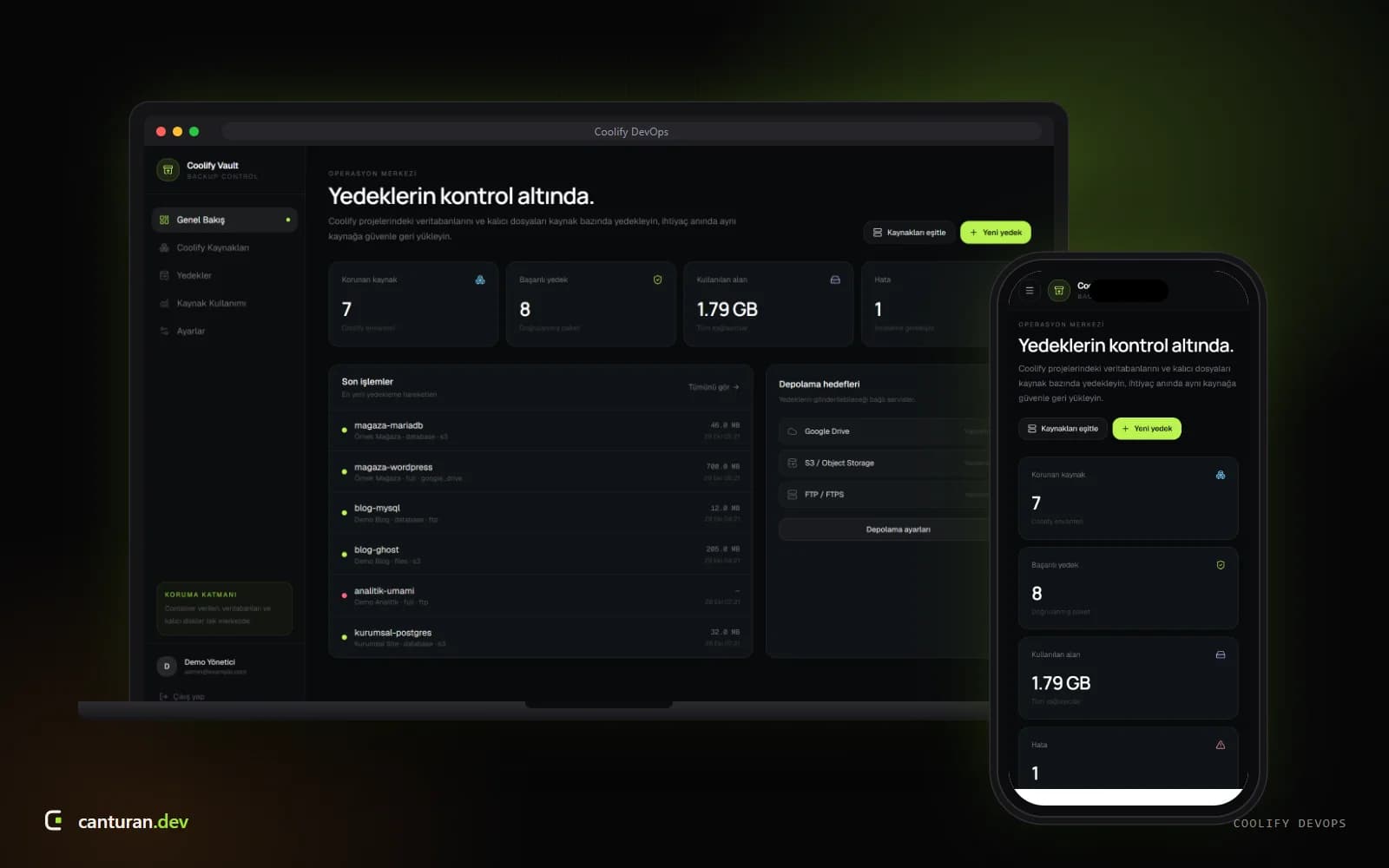 Coolify Vault panelinin uydurma kaynaklarla genel bakış ekranı