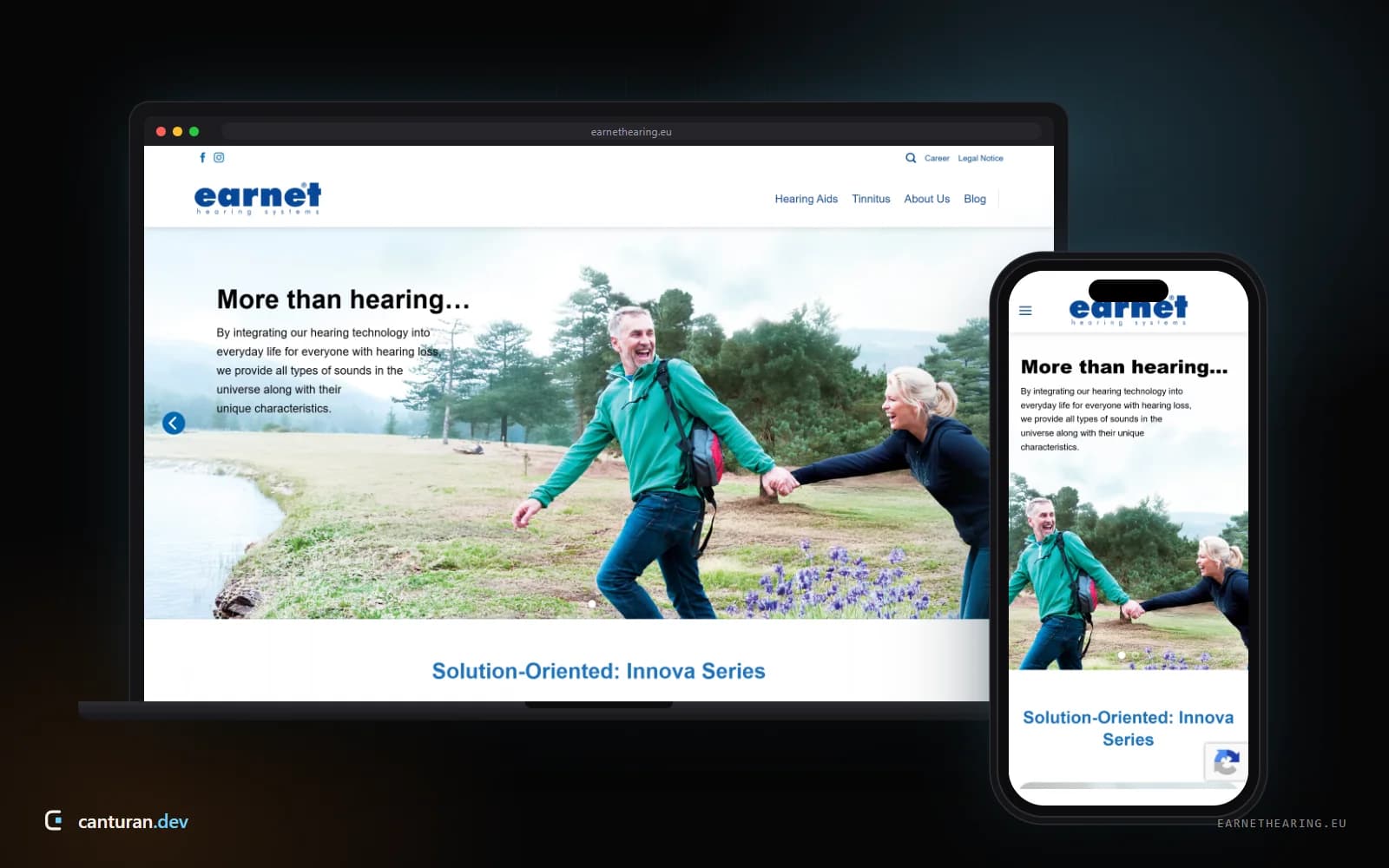 Earnet Hearing web sitesinin ürün serilerini gösteren masaüstü ve mobil görünümü