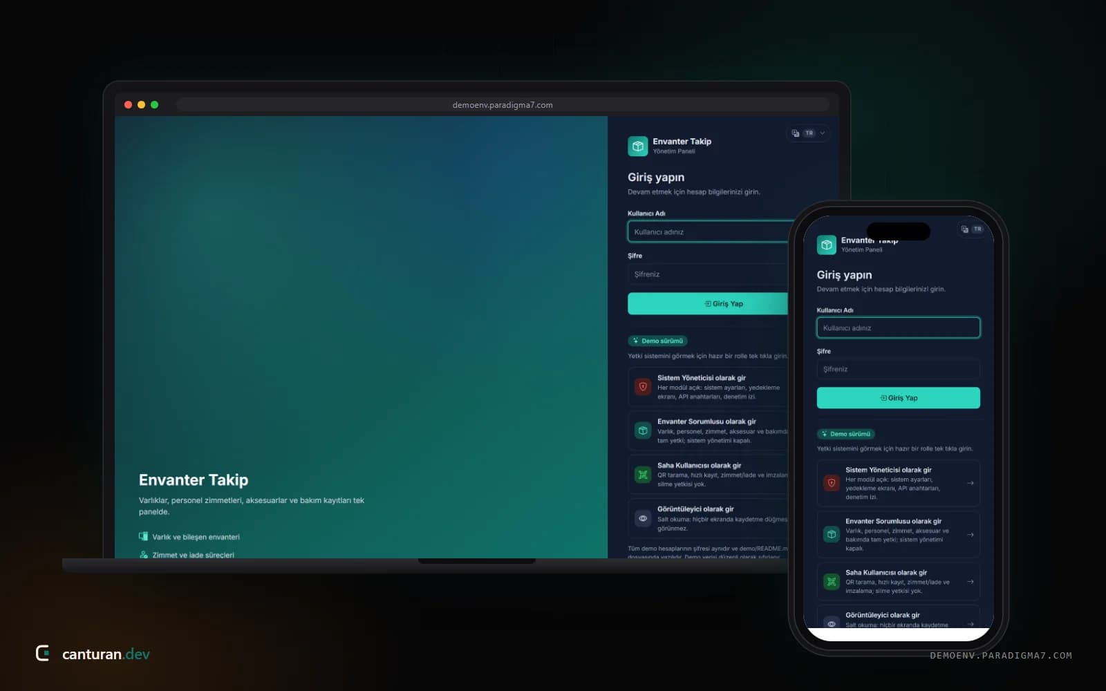 Envanter Takip demo giriş ekranının masaüstü ve mobil görünümü