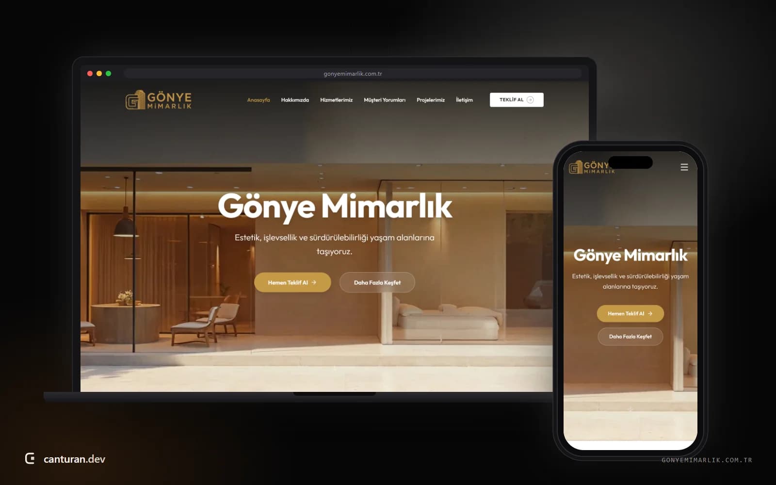 Gönye Mimarlık web sitesinin proje galerisini gösteren masaüstü ve mobil görünüm