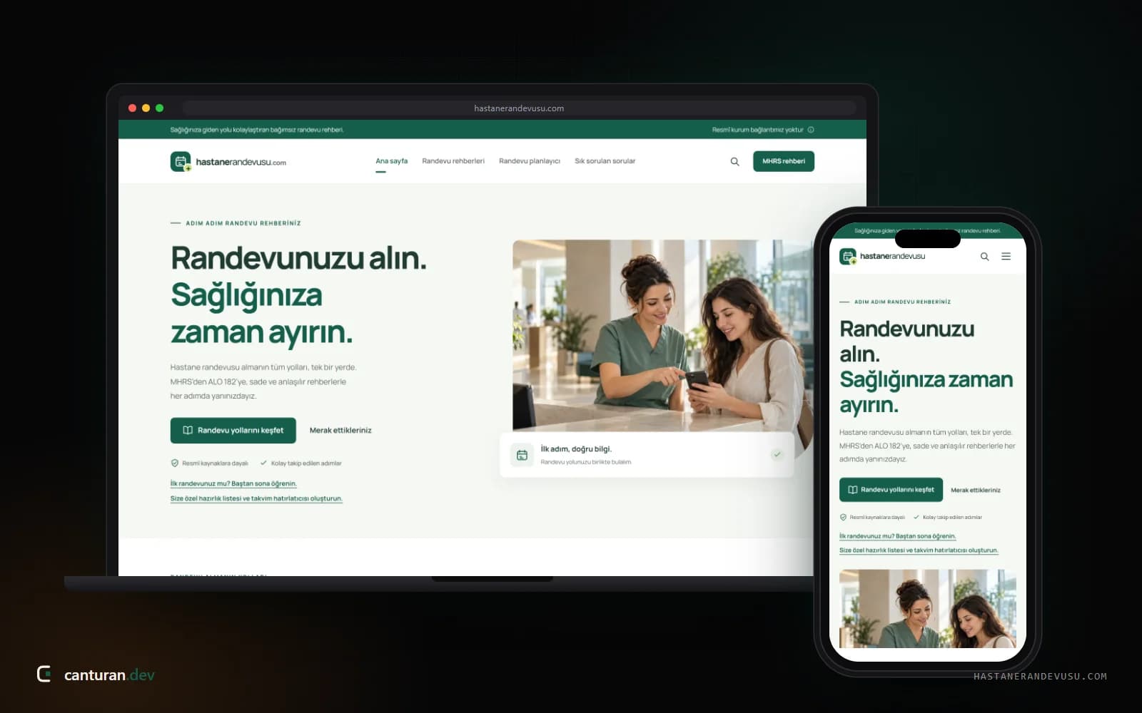 Hastane Randevusu Rehberi web sitesinin masaüstü ve mobil görünümü