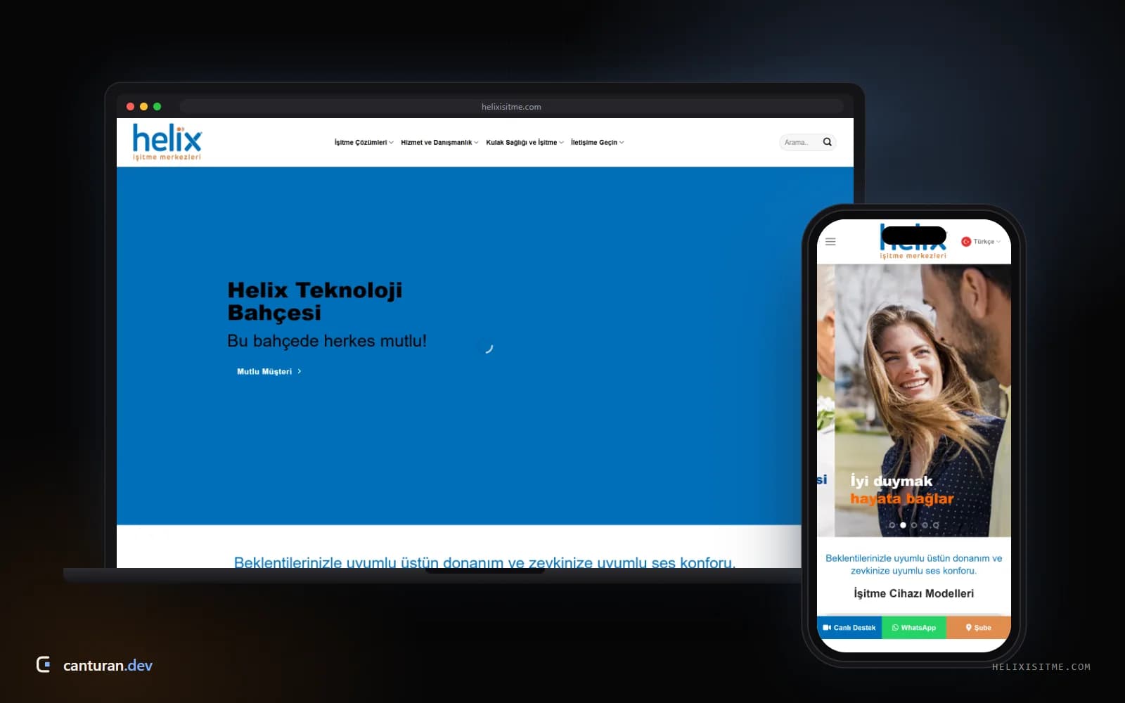 Helix İşitme web sitesinin cihaz modelleri ve online işitme testini gösteren görünümü
