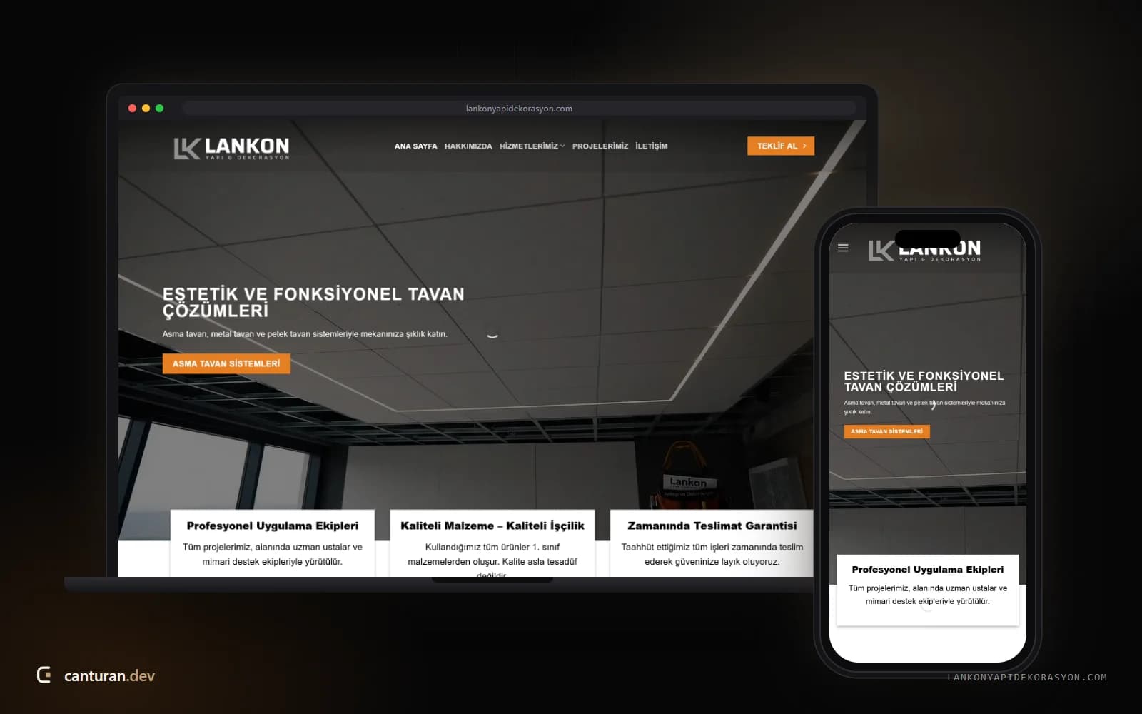 Lankon Yapı Dekorasyon web sitesinin hizmetler ve proje galerisi görünümü