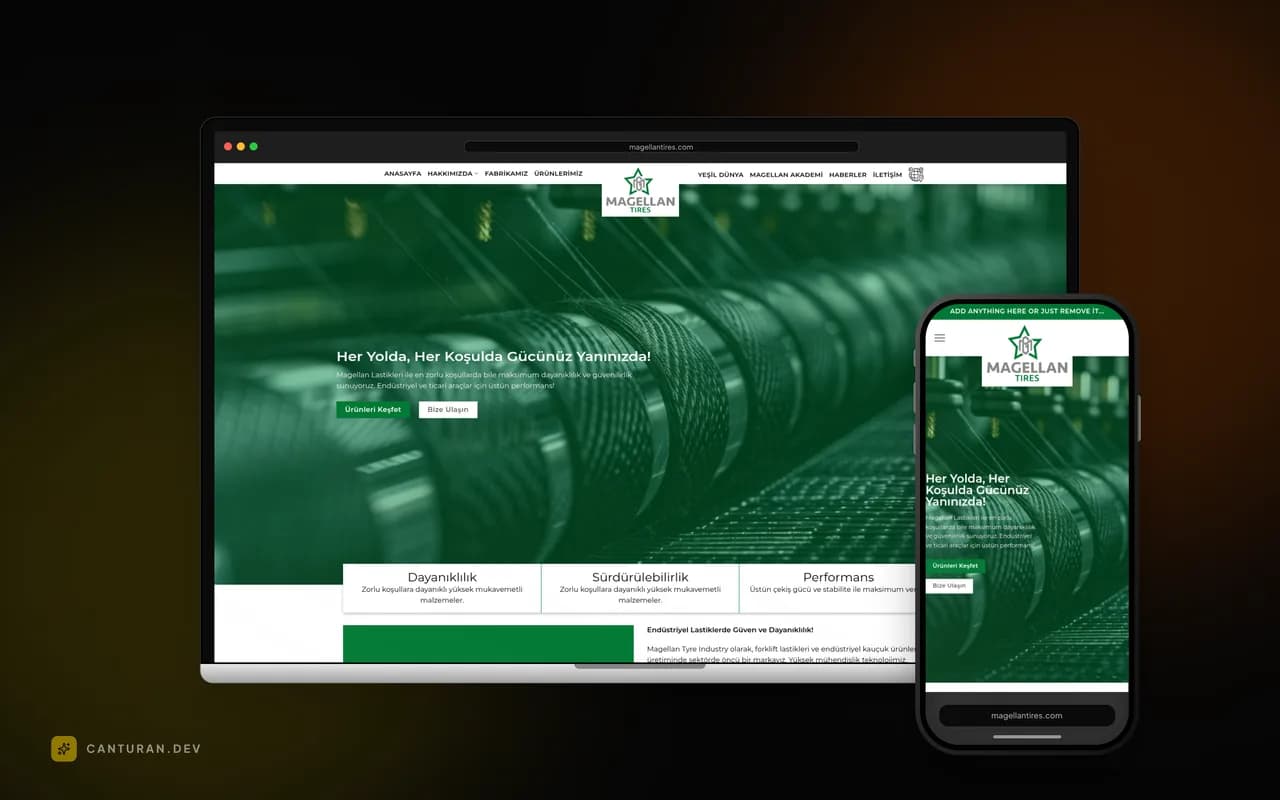 Magellan Tires web sitesinin masaüstü ve mobil görünümü