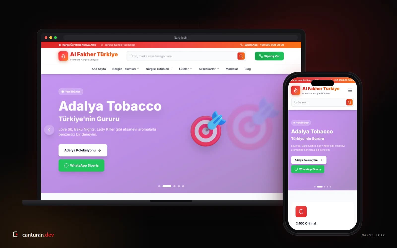 Nargilecix nargile katalog mağazasının masaüstü ve mobil görünümü