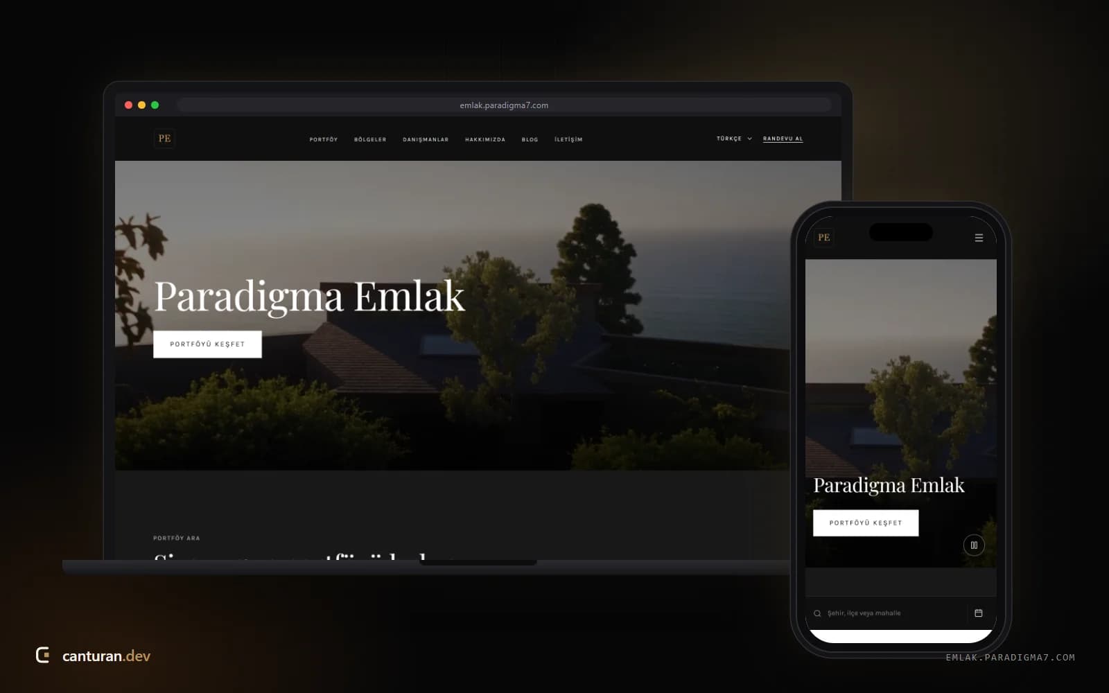 Paradigma Emlak vitrin sitesinin masaüstü ve mobil görünümü