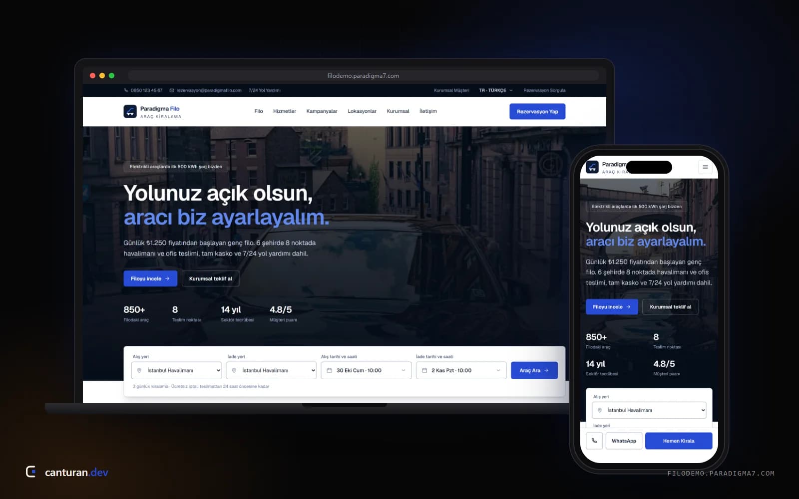 Paradigma Filo araç kiralama sitesinin masaüstü ve mobil görünümü