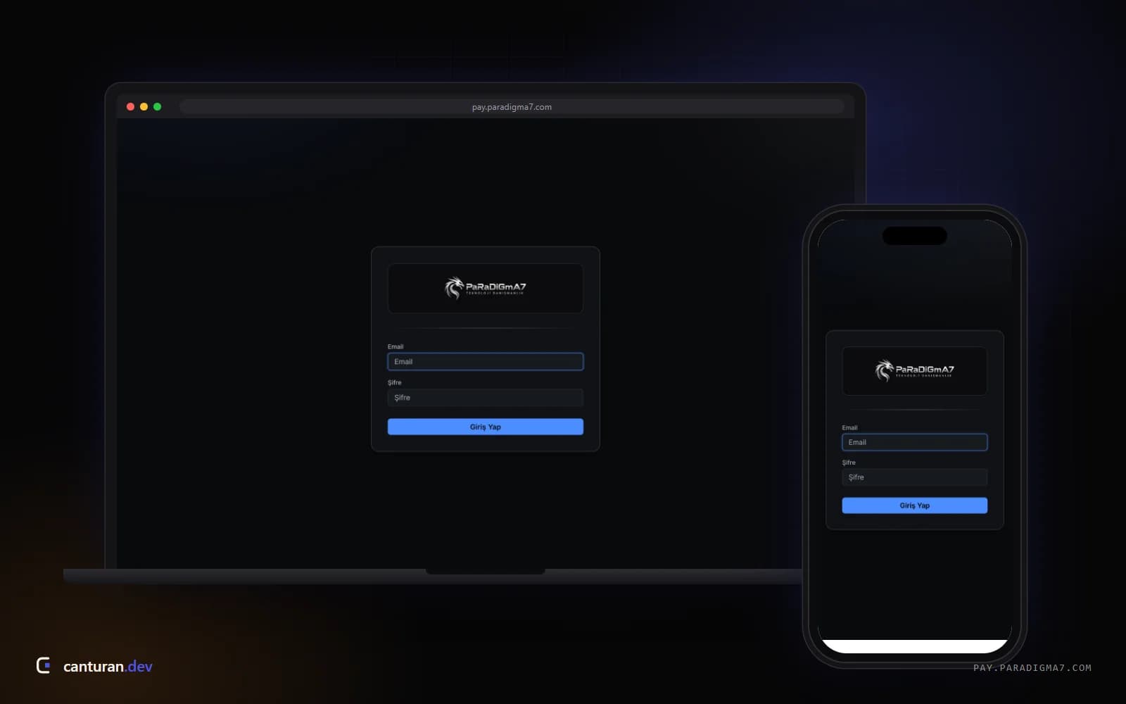 Paradigma7Pay giriş ekranının masaüstü ve mobil görünümü