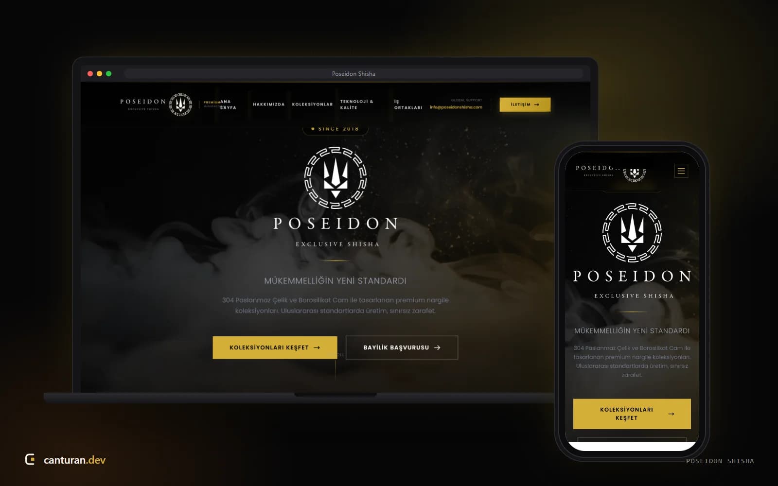 Poseidon Shisha kurumsal marka sitesinin masaüstü ve mobil görünümü