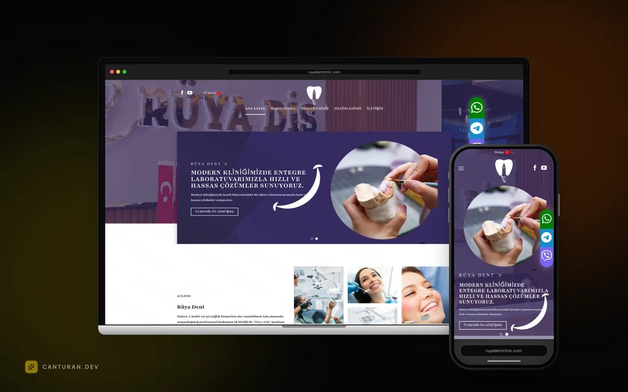 Rüya Dent web sitesinin tedavi ve randevu bölümlerini gösteren görünümü