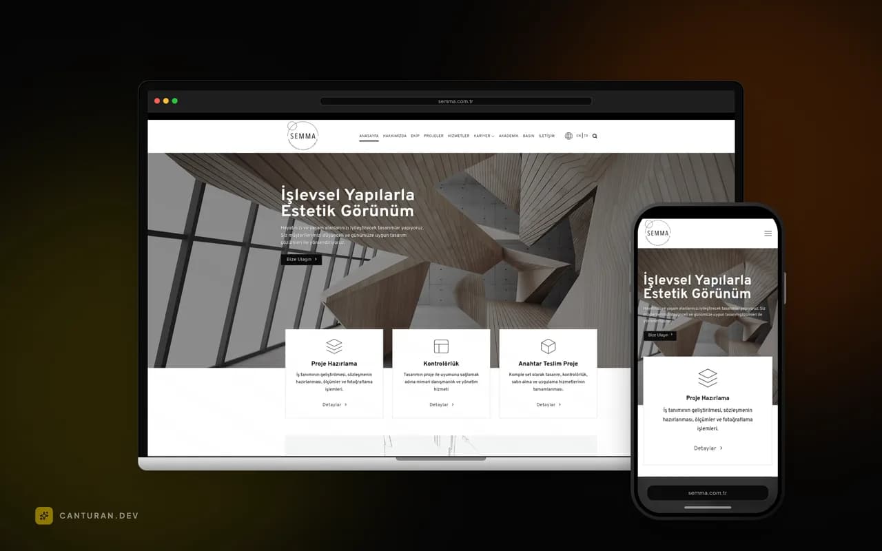 Semma Mimarlık web sitesinin proje galerisi ve hizmetlerini gösteren görünümü
