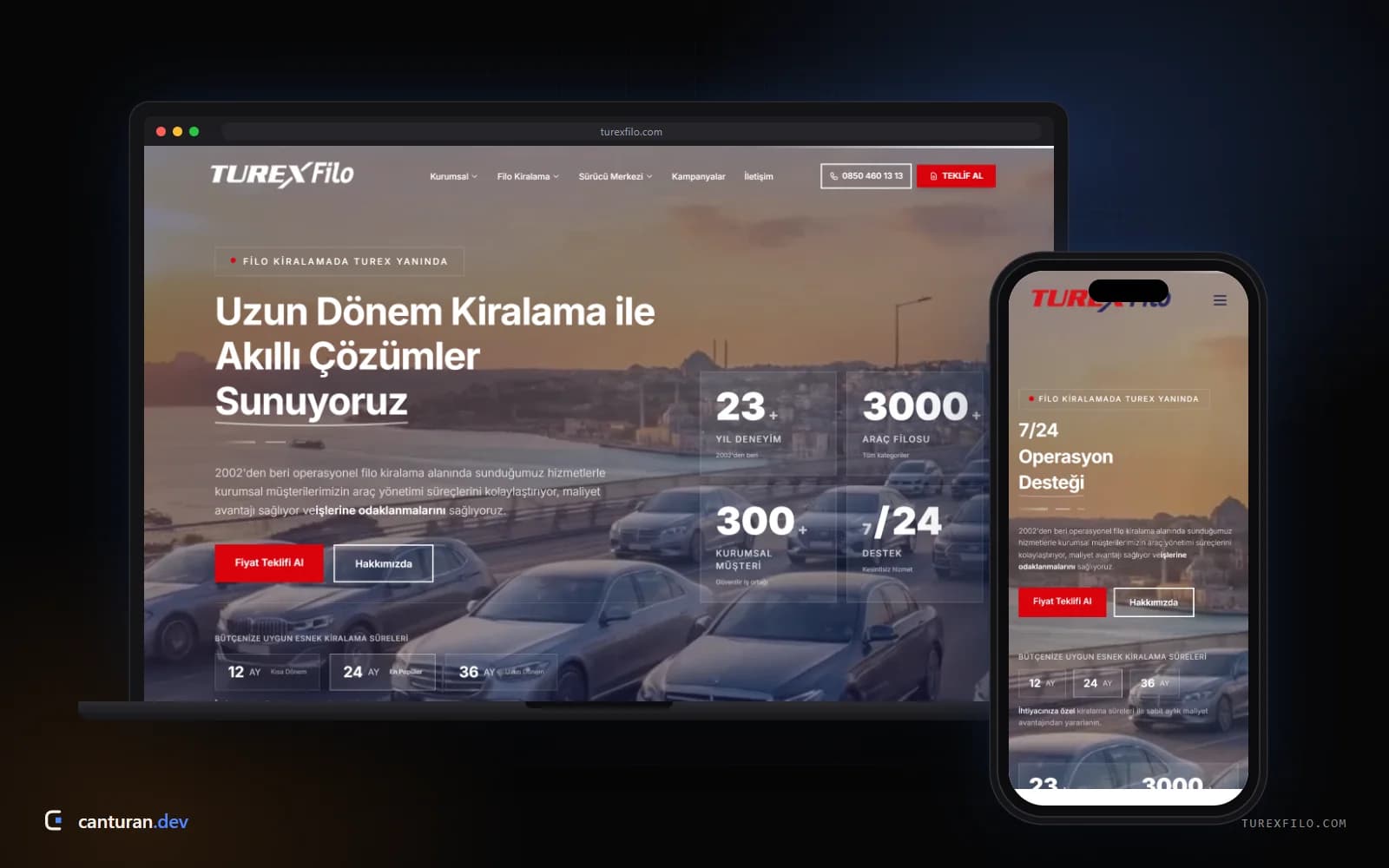 Turex Filo web platformunun masaüstü ve mobil görünümü