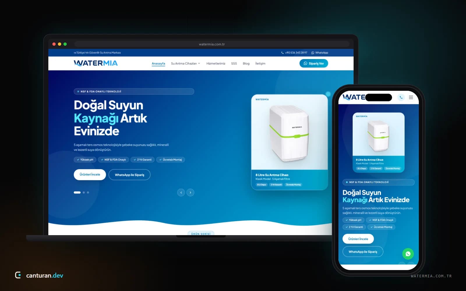 Watermia web sitesinin masaüstü ve mobil görünümü