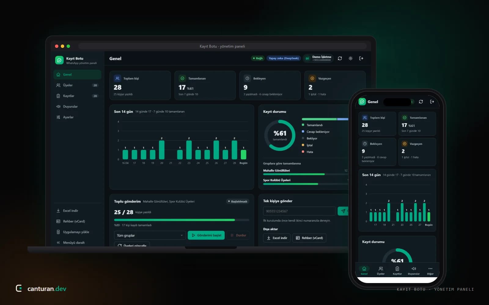 WhatsApp kayıt botu yönetim panelinin demo verilerle masaüstü ve mobil görünümü