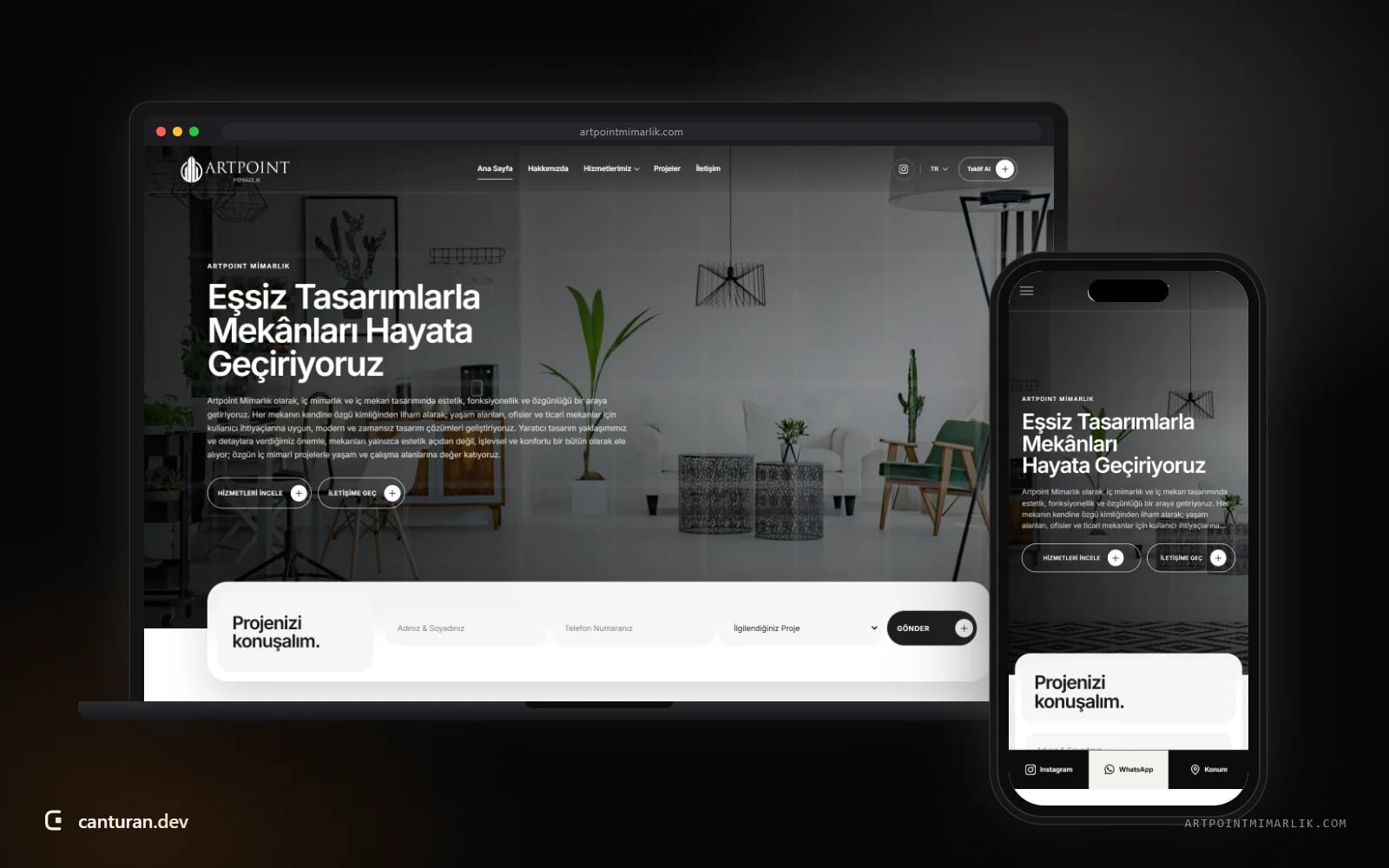 View of the Artpoint Mimarlık website showing services and the contact form