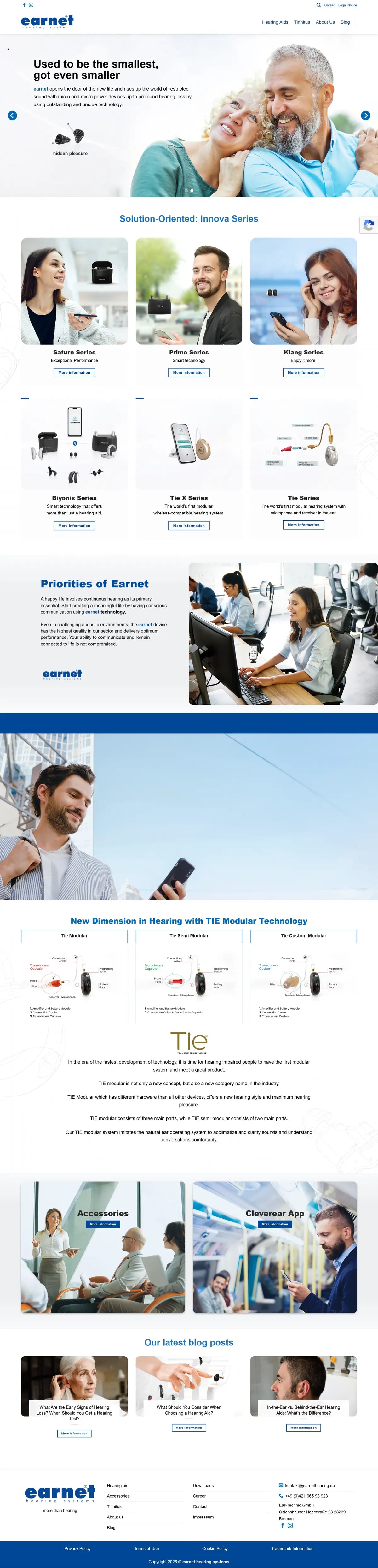 Earnet Hearing — Home page, top to bottom