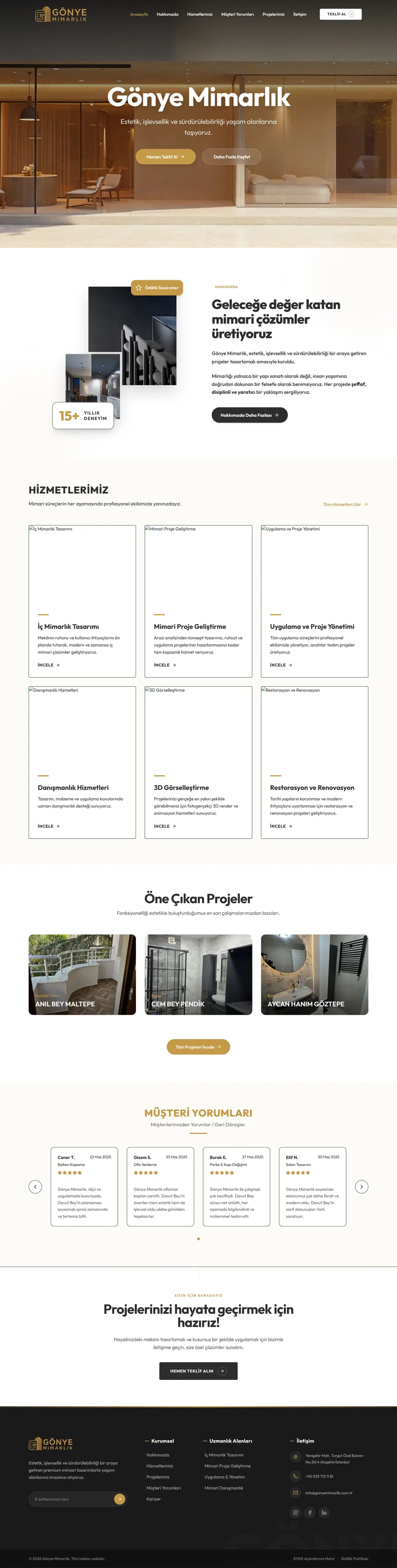 Gönye Mimarlık — Home page, top to bottom
