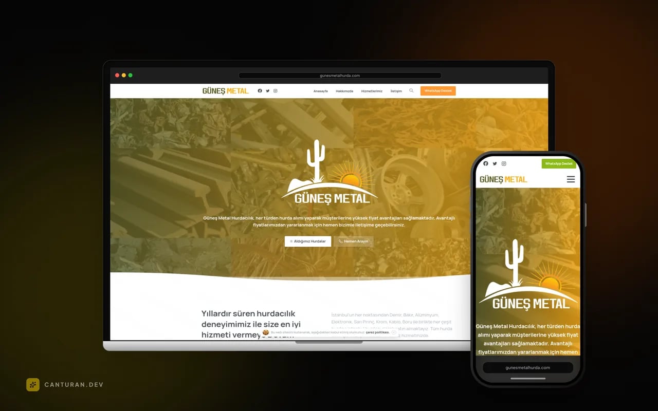 Desktop and mobile views of the Güneş Metal Hurda website