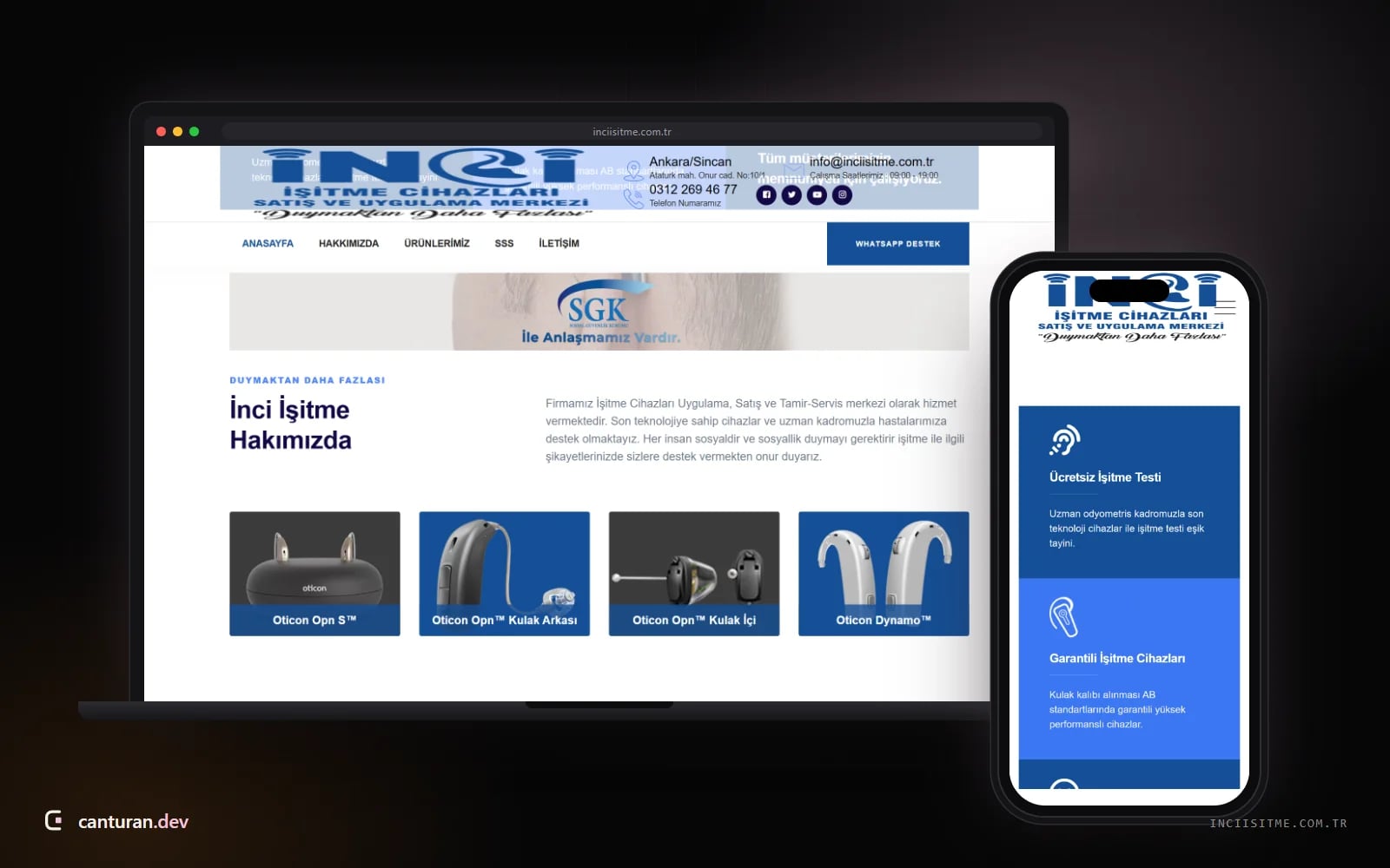 Desktop and mobile views of the İnci İşitme home page