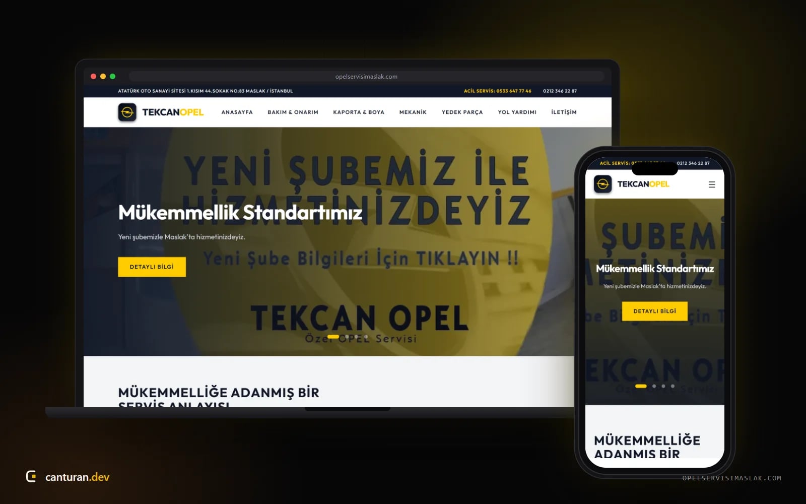 Desktop- und Mobilansicht der Website von Tekcan Opel Özel Servisi