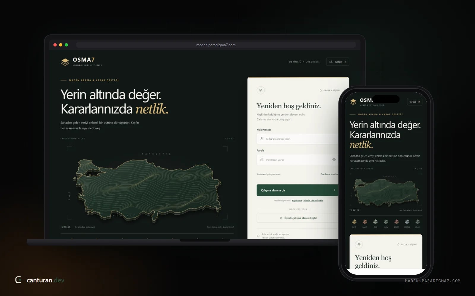Desktop and mobile views of the OSMA7 mining exploration software sign-in screen