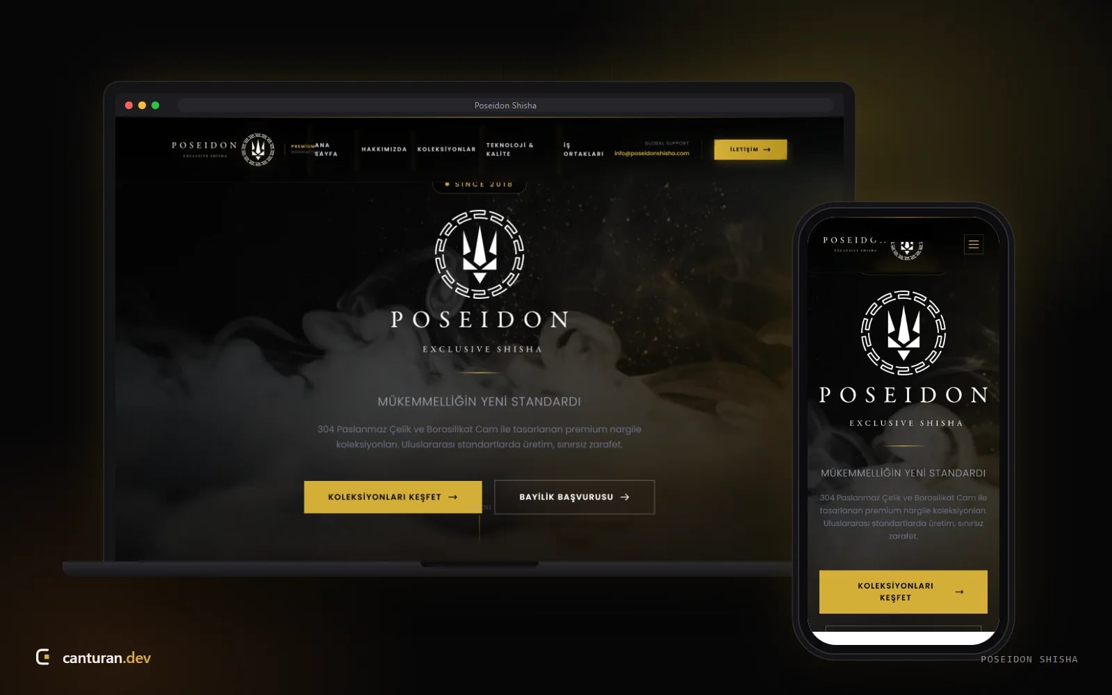 Desktop- und Mobilansicht der Marken-Website von Poseidon Shisha