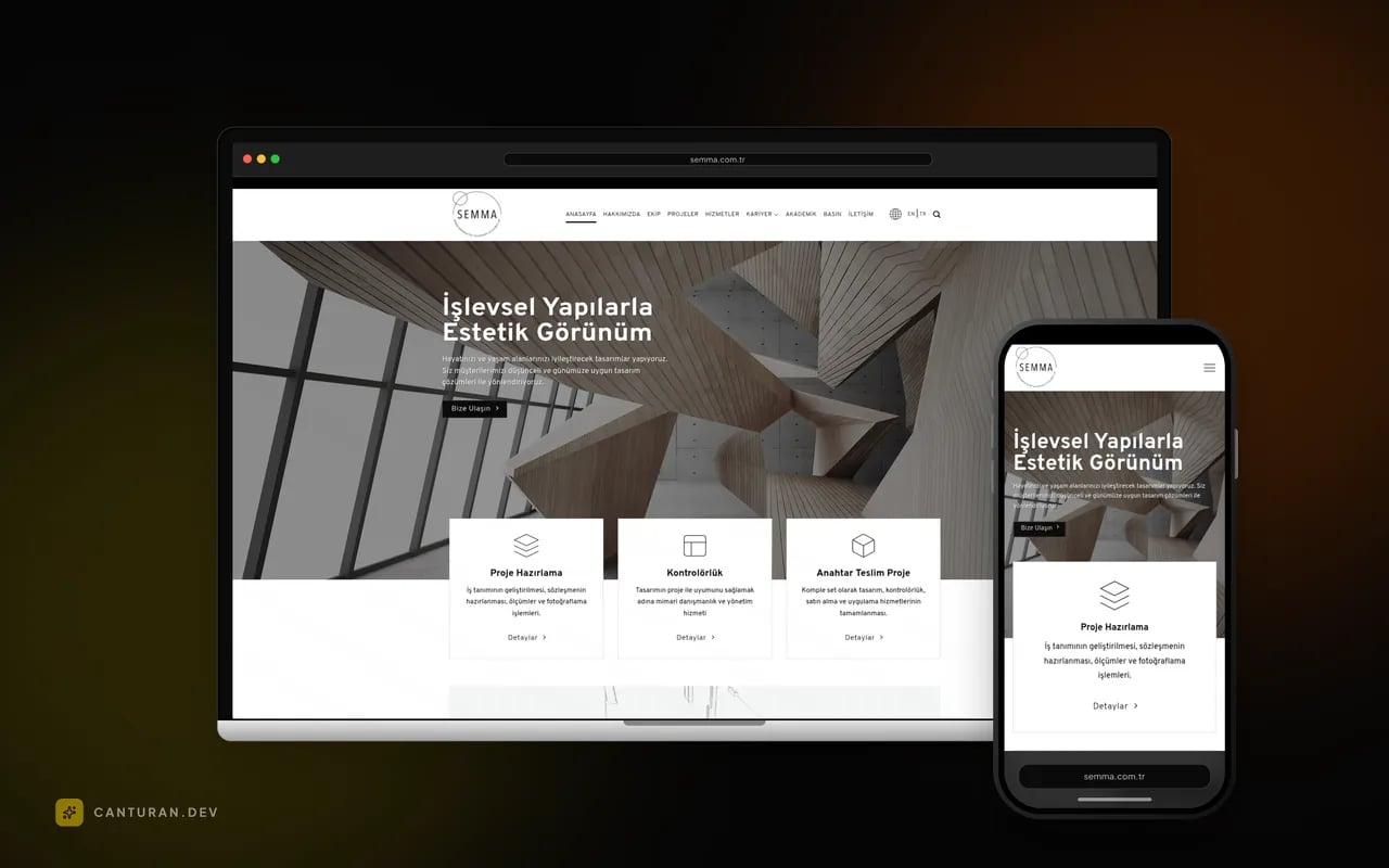 View of the Semma Mimarlık website showing project galleries and services