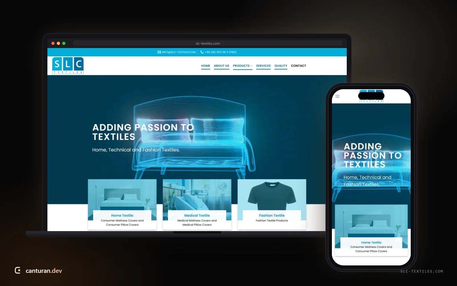 Desktop- und Mobilansicht der SLC-Textiles-Website