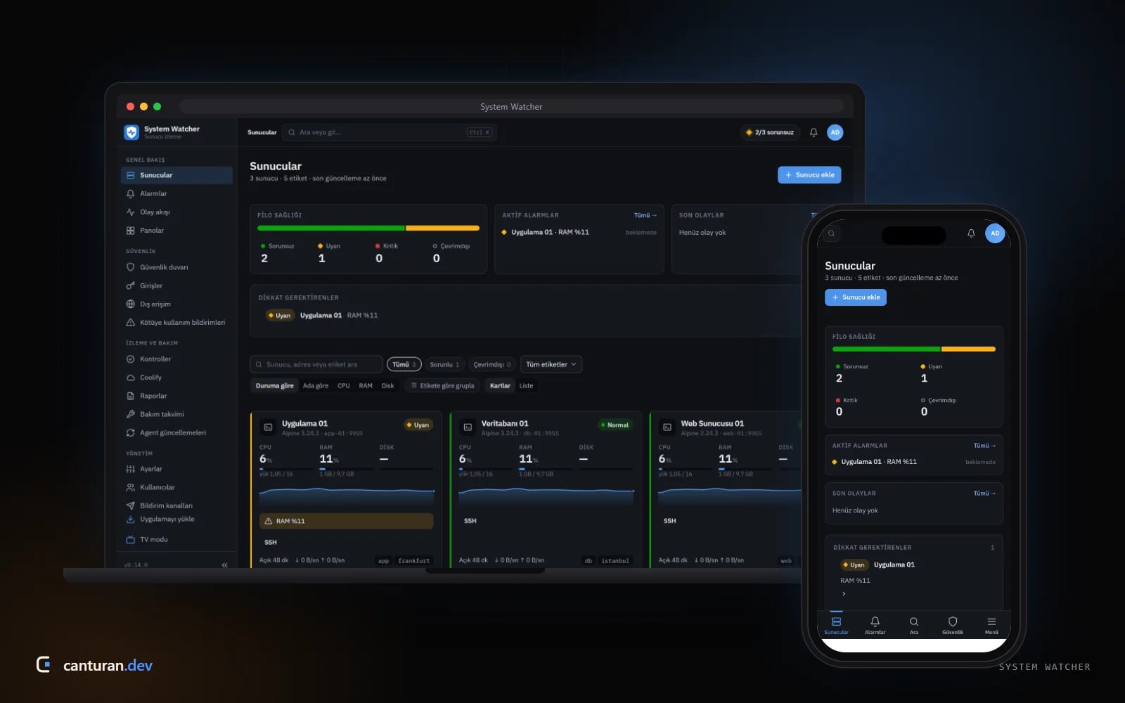 Status cards of three demo servers on the System Watcher dashboard