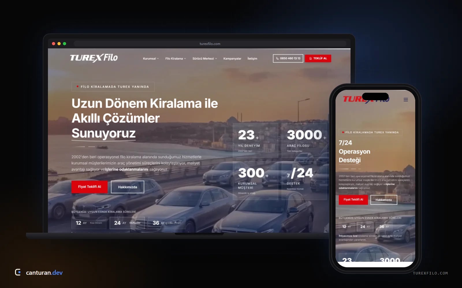 Desktop and mobile views of the Turex Filo web platform