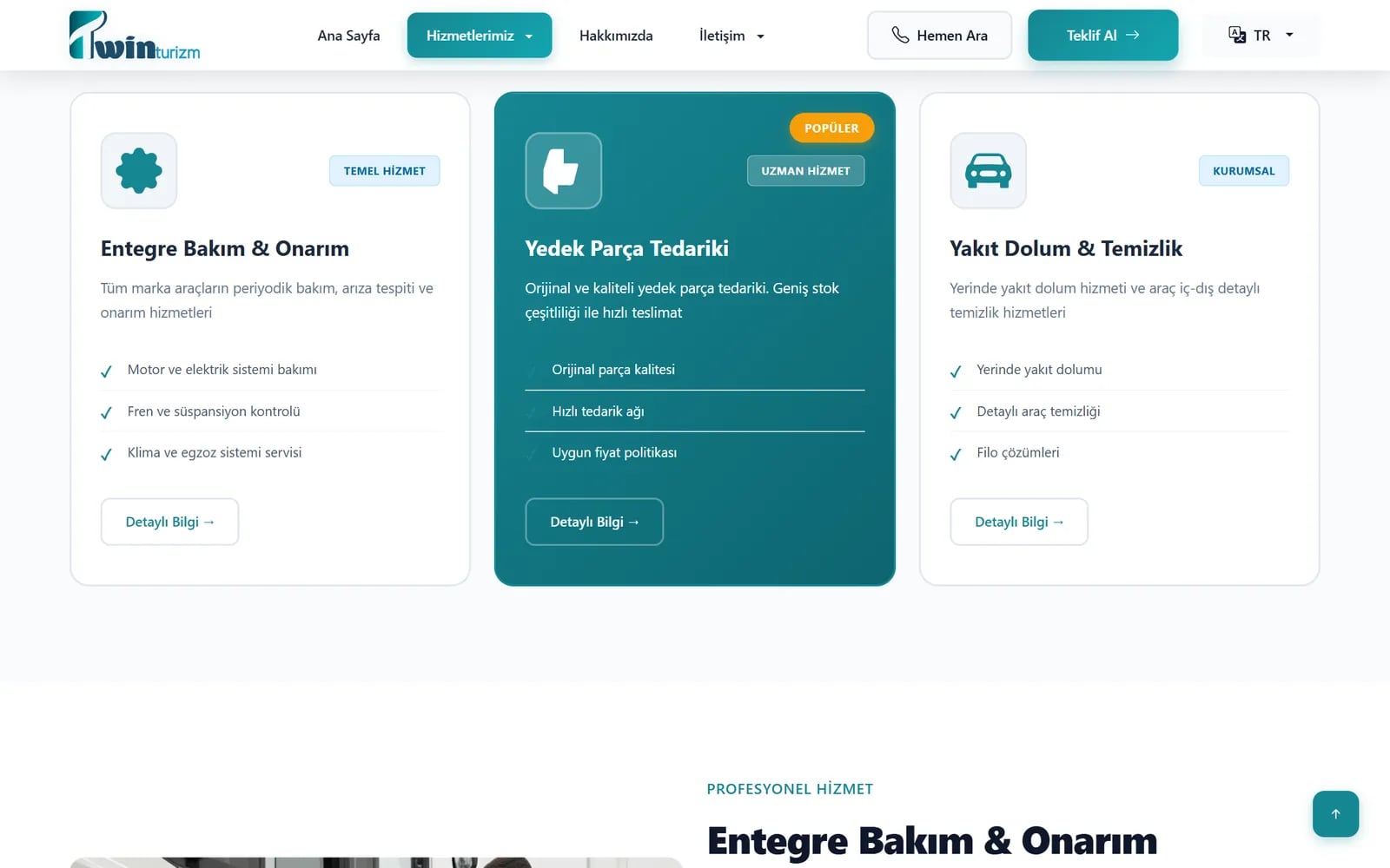 Twin Turizm — Bölümler ve iç sayfalar