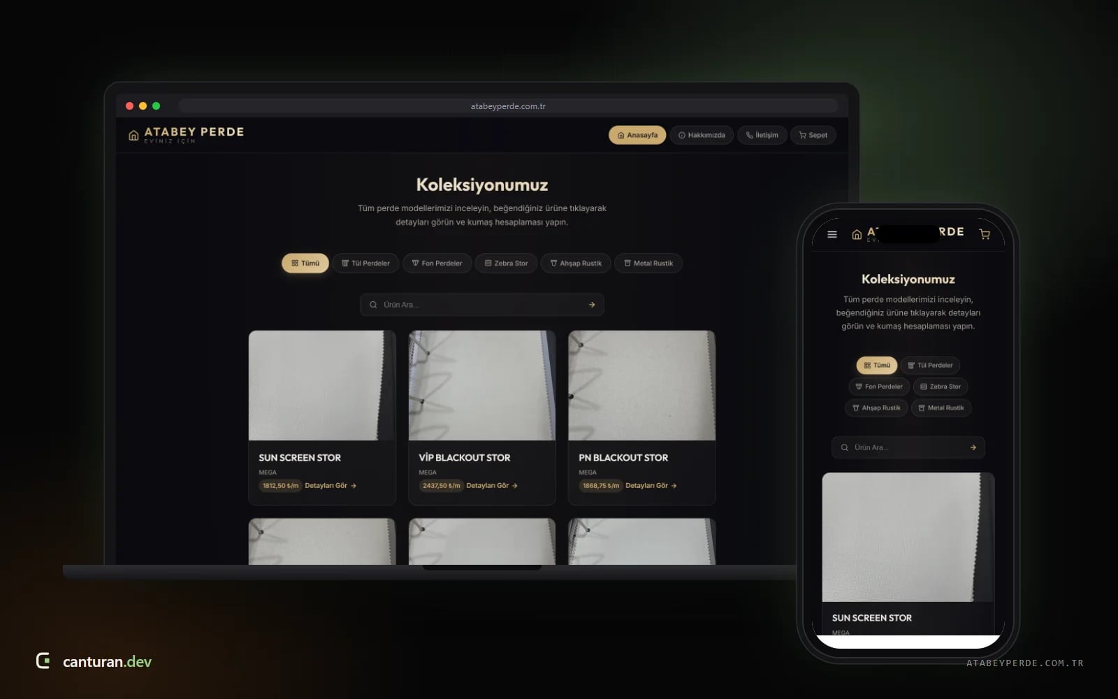 Desktop and mobile views of the Atabey Perde online catalogue and price calculator