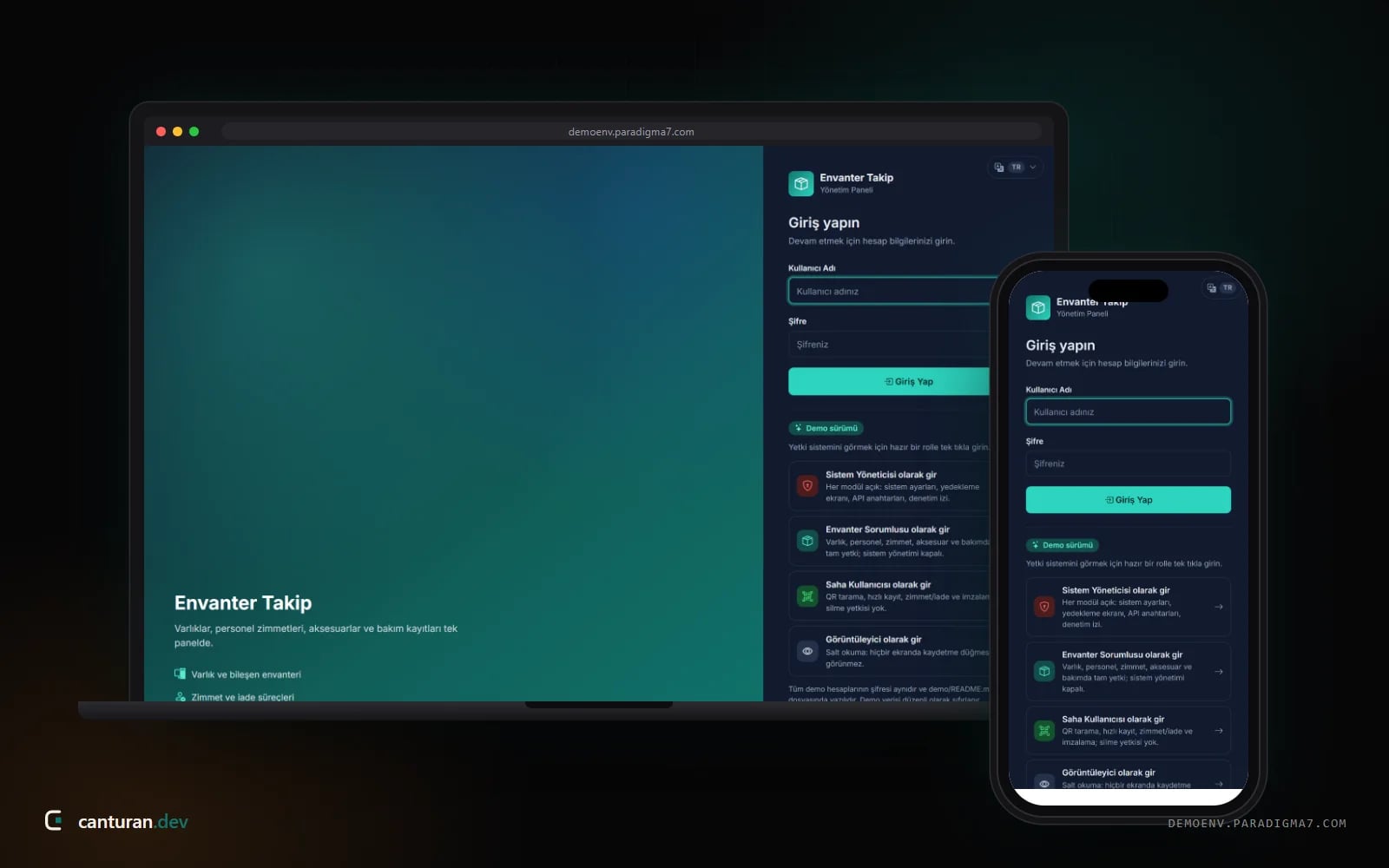 Desktop and mobile views of the Envanter Takip demo sign-in screen