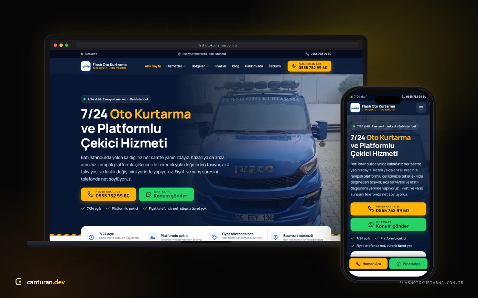 Desktop and mobile views of the Flash Oto Kurtarma website