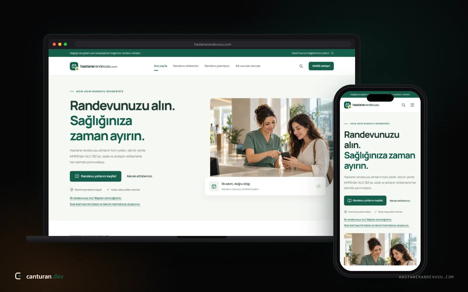 Desktop and mobile views of the Hastane Randevusu Rehberi website