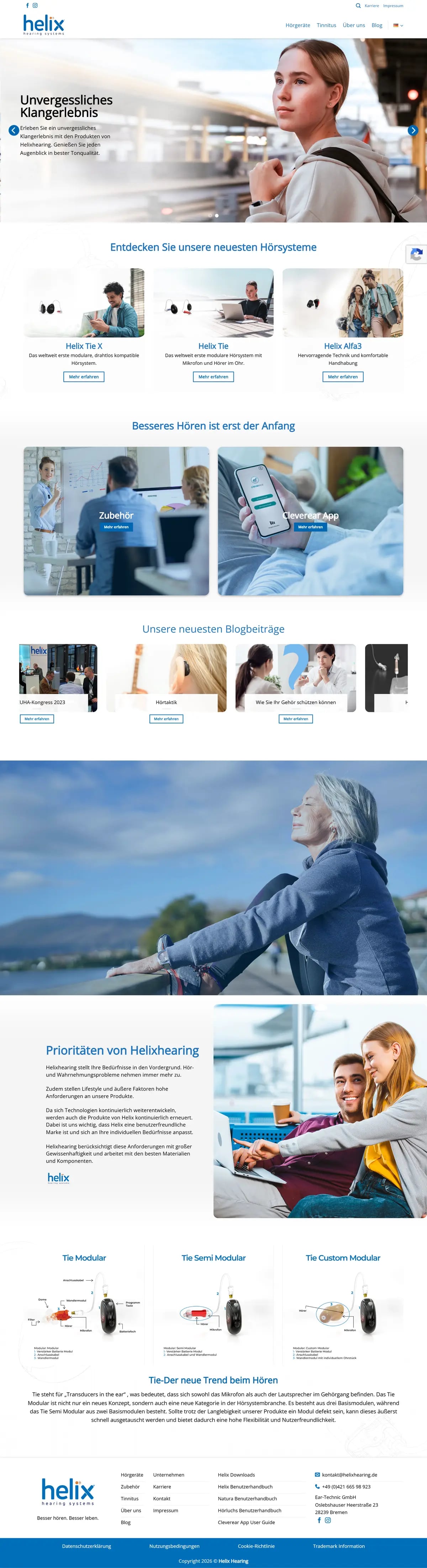 Helix Hearing — Home page, top to bottom