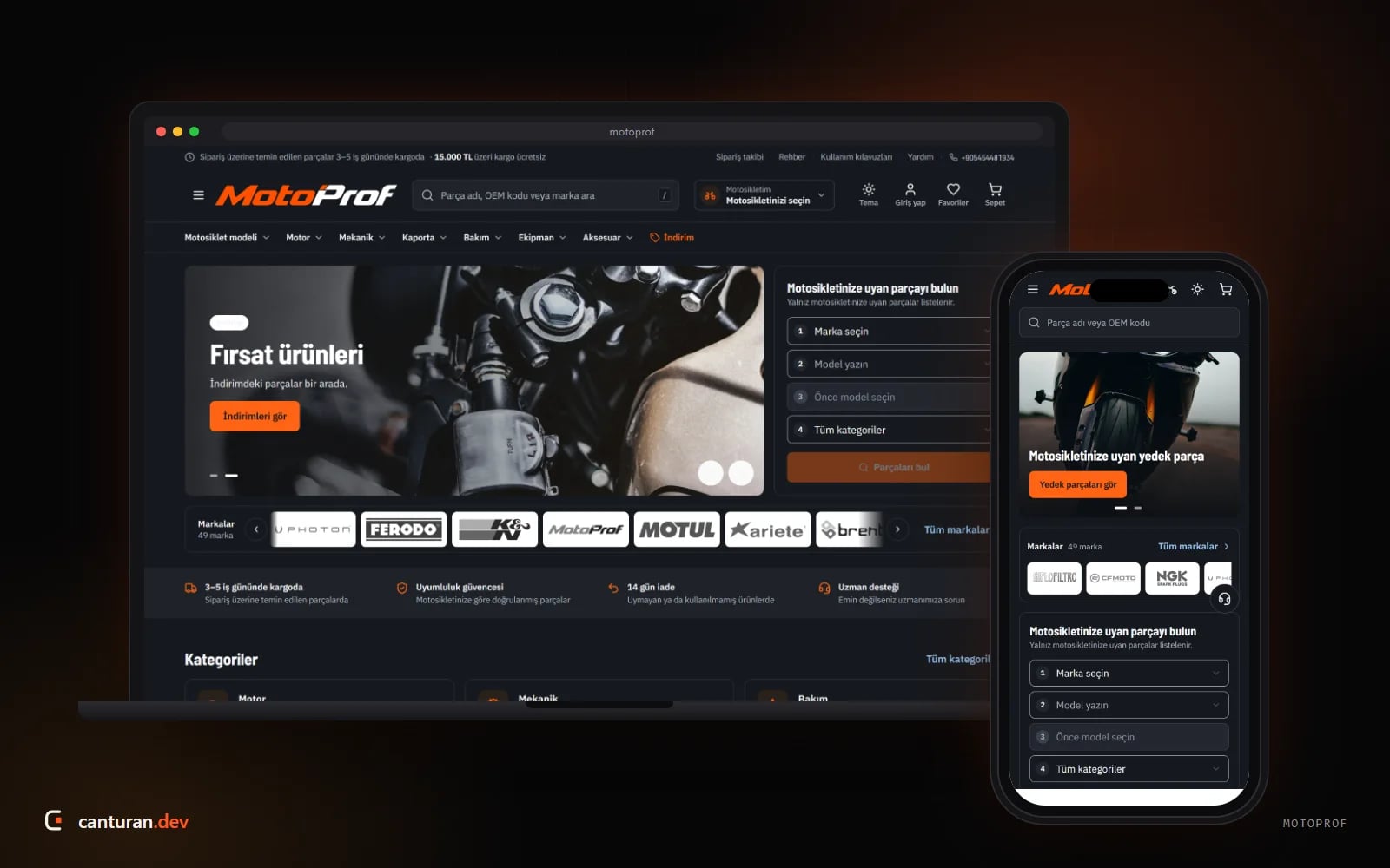 Desktop and mobile views of the MotoProf online store