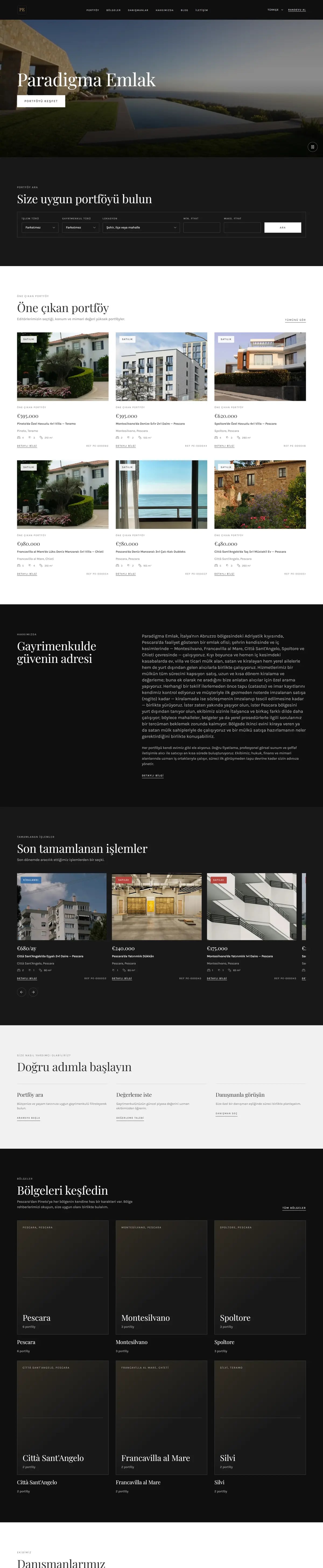 Paradigma Emlak — Home page, top to bottom