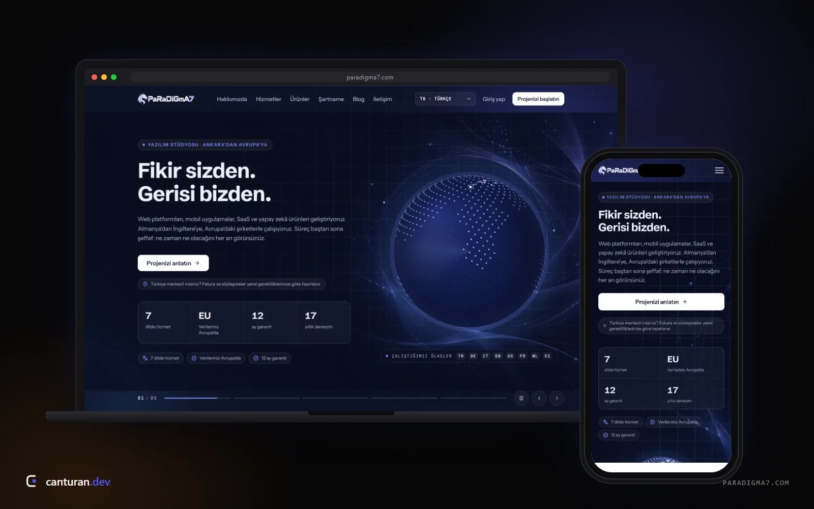 Desktop and mobile views of the Paradigma7 corporate website