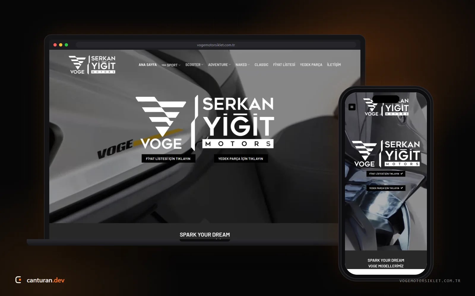 Desktop and mobile views of the Serkan Yiğit Motors VOGE dealer website
